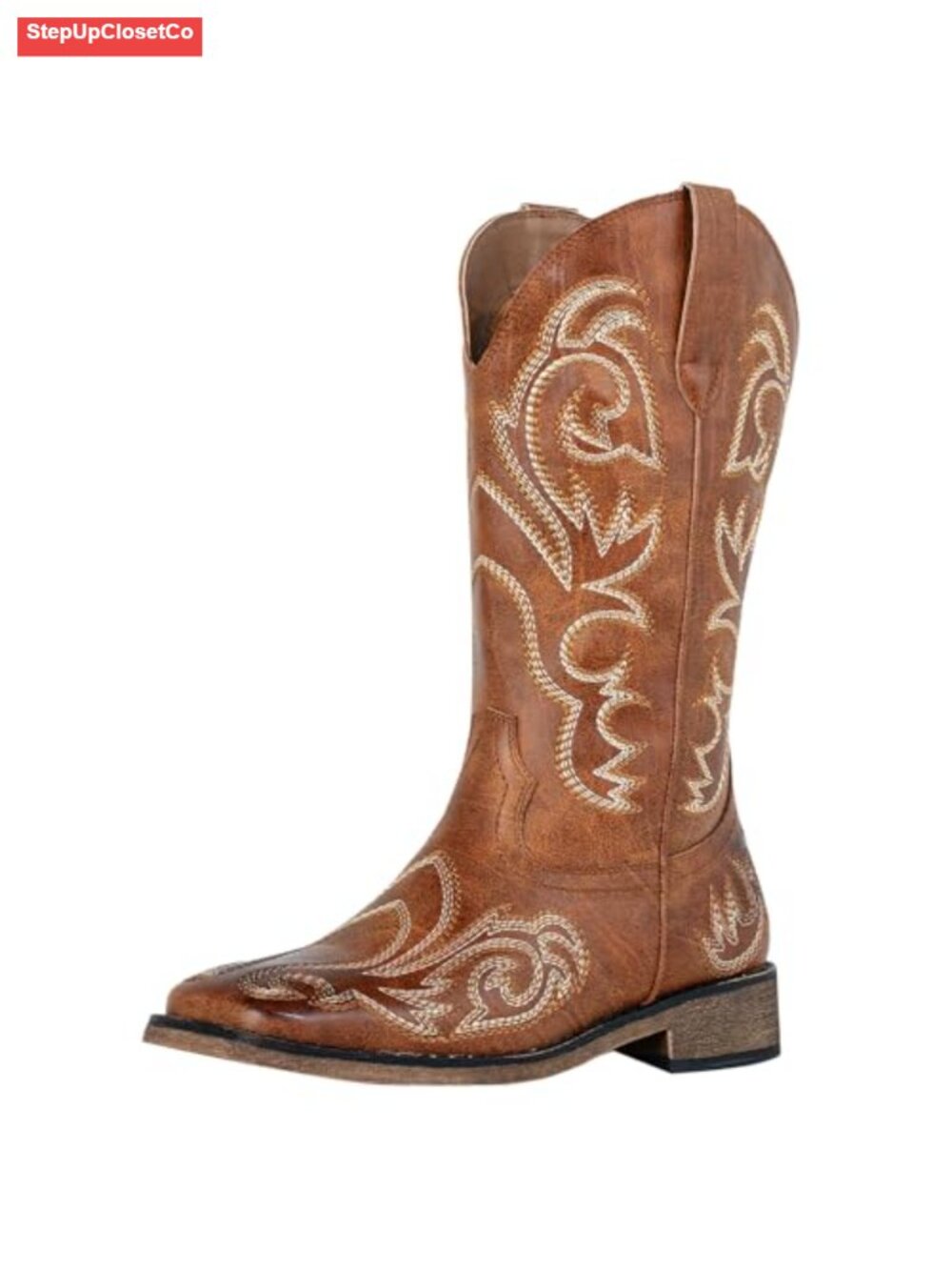 Cowgirl Western Square Toe Mid Calf Boots PU Leather Embroidered Pull-On